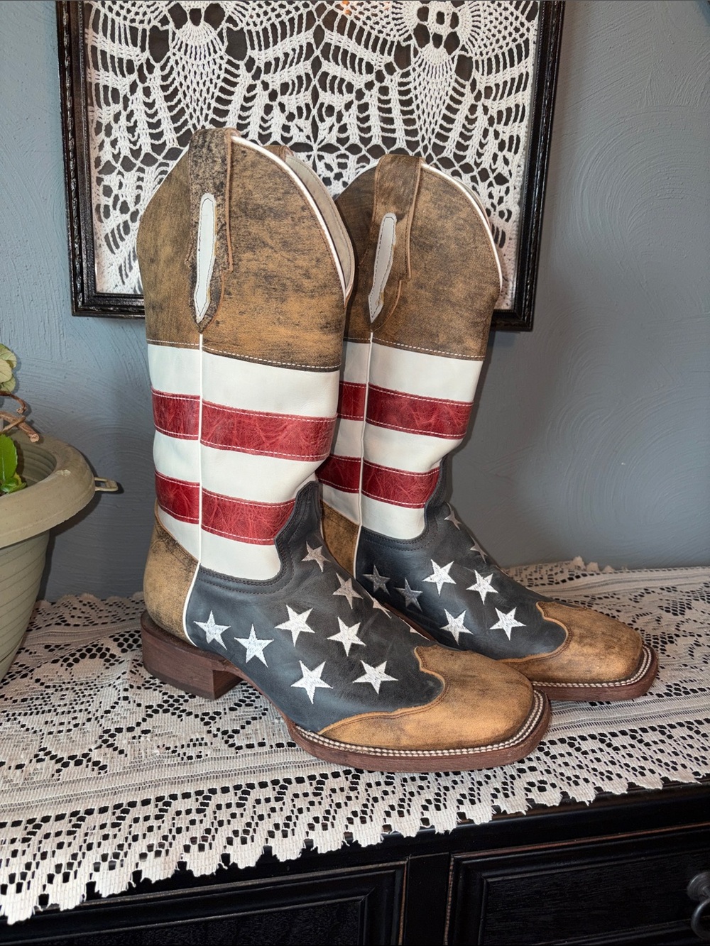 J.B. Dillon Men's American Flag Leather Cowboy Boots - Red, White, Blue, Brown